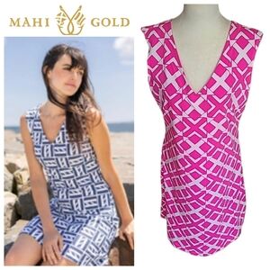 Mahi Gold | Paradise Coastal Cotton V-Neck Tank Dress Pink White Print Large